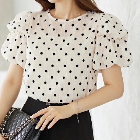 レディース bl 韓国ファッション トップス ラウンドネック 半袖 パターン 水玉柄 パフスリーブ ショート丈 薄手 透け感 透ける キュート ユニーク ガーリー 大人 カジュアル シンプル 夏 SS