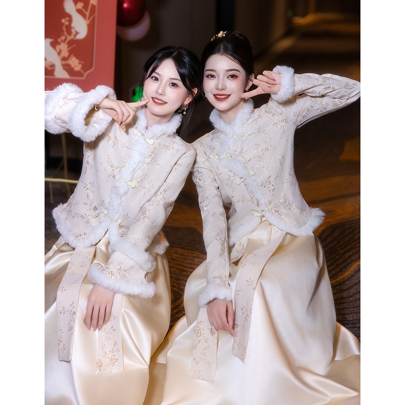 冬の花嫁介添人スーツ2025の姉妹グループナショナルスタイルの肥厚温かいシンな長袖ドレス