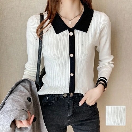 ニット セーター 韓国 ファッション レディース 秋 冬 カジュアル コーデ シンプル 定番 セレカジ 20代 30代 40代 2025 ライン モノトーン リブニット パール風ボタン