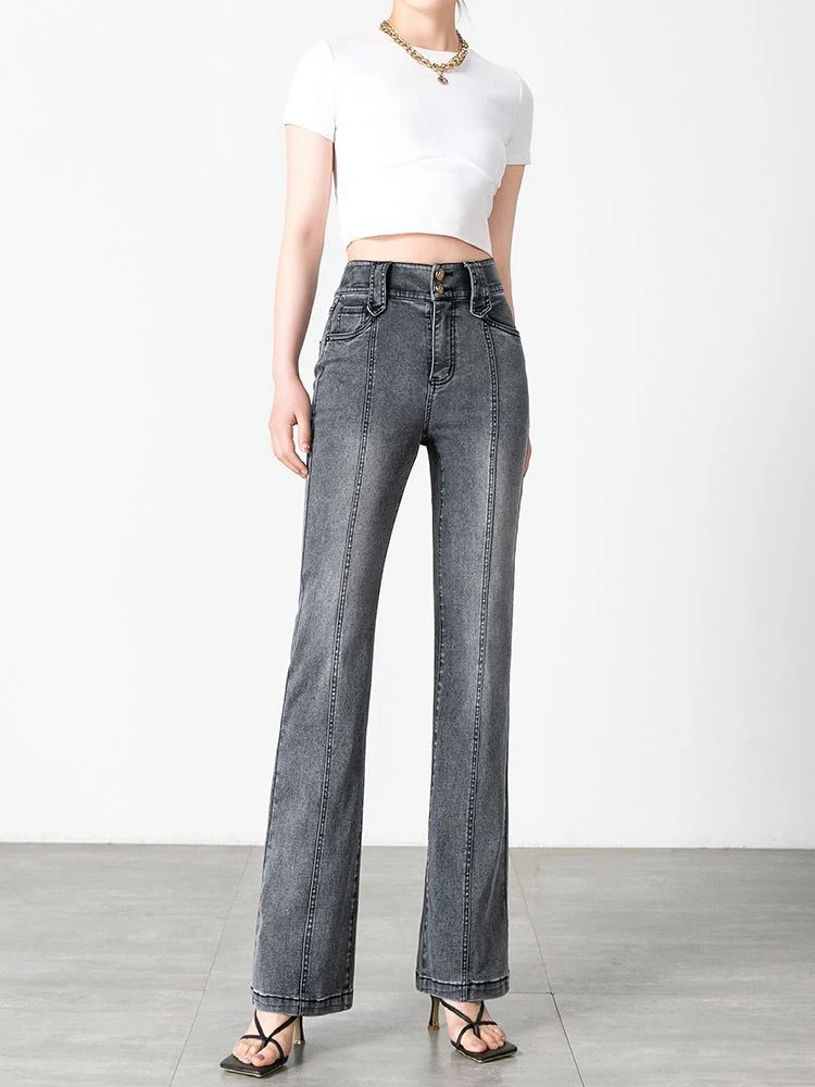 スモーキーグレーのマイクロフレアジーンズ女性2025年韓国ファッション春夏新作フレンチレトロ高見えスリムストレートフレアパンツ