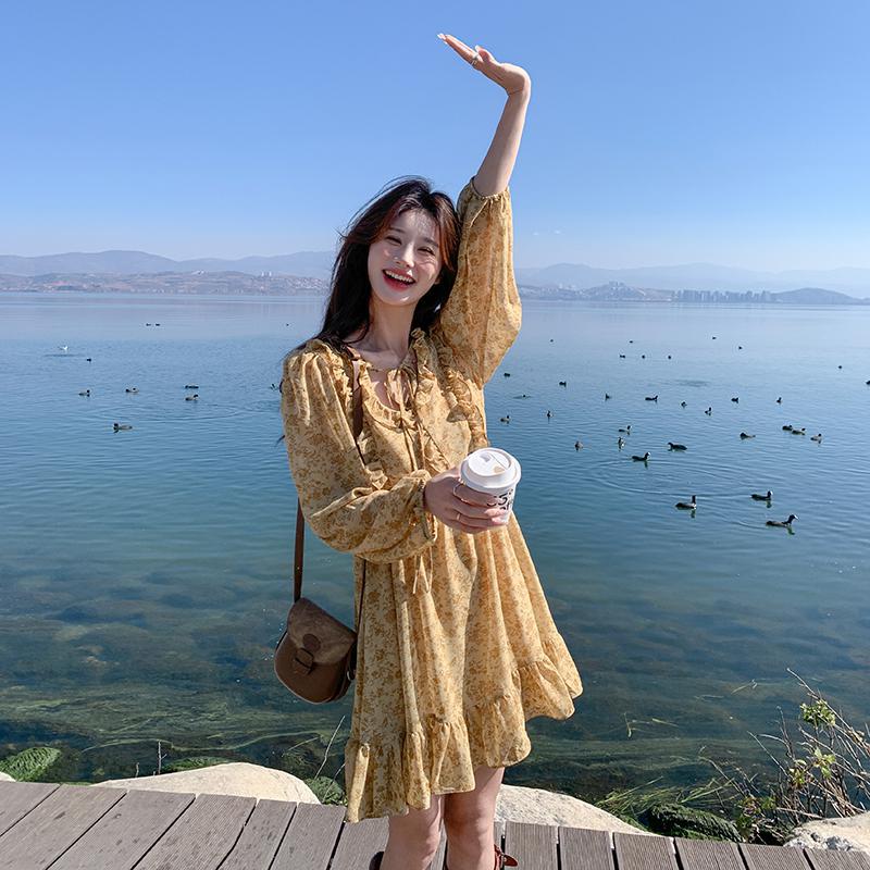 ジェントルデパートメントライドファッション森花柄ワンピース女性春秋新作フレンチドレス