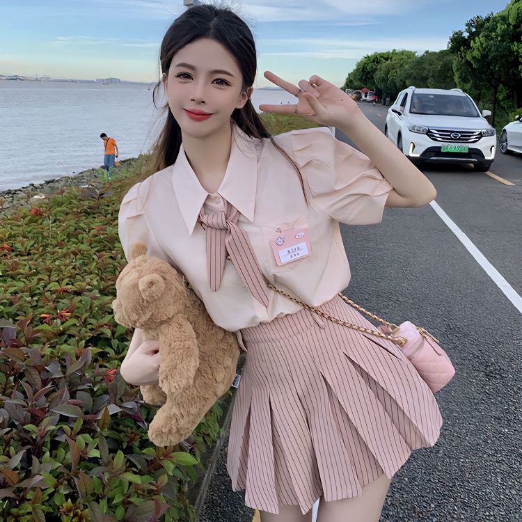 2025新作人気セットサマーピンクシャツハイウエストプリーツスカートハーフボディコンセットアップ最安値保証品質良い