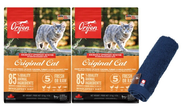 【正規品】オリジン オリジナルキャット 1.8kg 2個セット（旧キャット＆キトゥン）【犬想いオリジナル今治ハンドタオルセット】【タオルカラー ネイビー】