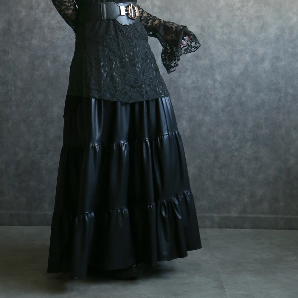 合皮 ティアード スカート フェイクレザー ロングスカート ワンピース 黒 ブラック ウエストゴム 無地 レディース ボトムス 大人 かわいい 送料無料 8,316円