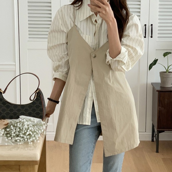 韓国ファッション ボタン ビスチェ アンバランス ミニ ワンピース