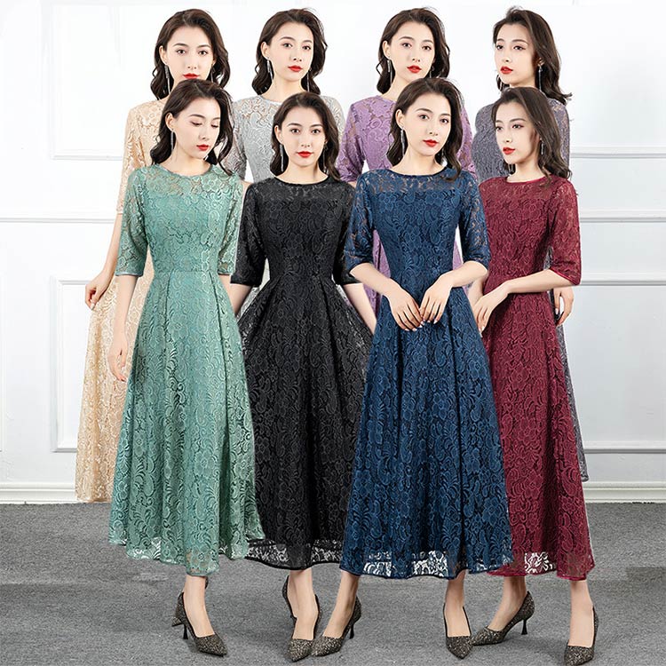 【毎日厳選 】 全8色 パーティードレス 黒 ブラック レースワンピース ロングドレス ネイビー 紺色 30代 40代 結婚式ドレス ワイン赤 袖あり 7分袖 二次会ドレス お呼ばれドレス 総レース