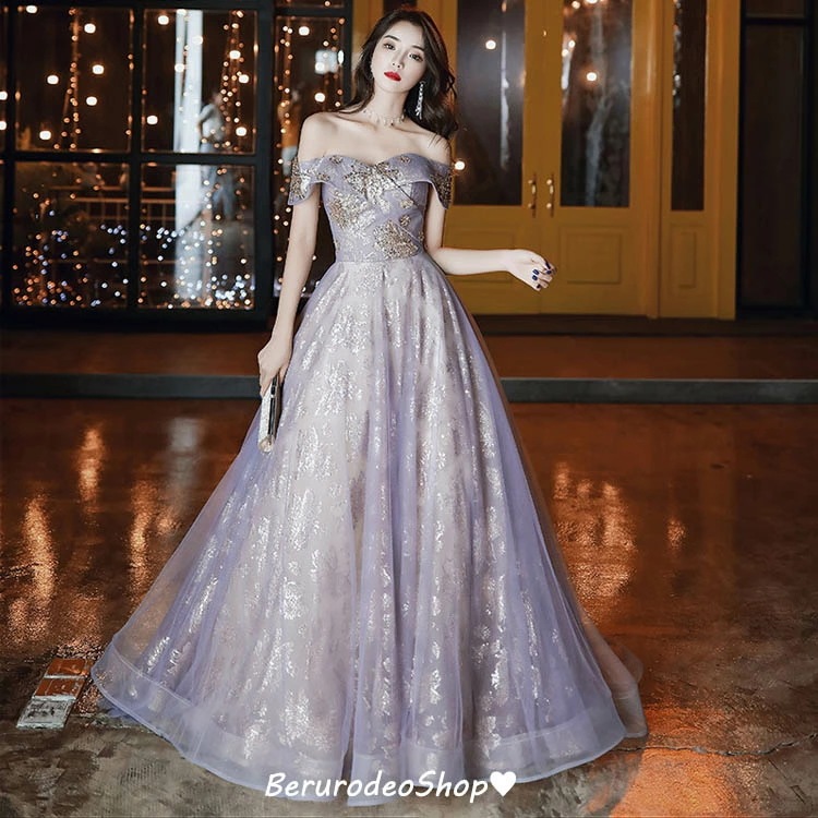 お早めに！イブニングドレス パープル オフショルダー 発表会ドレス ロングドレス スパンコール キラキラ キレイめ パフスリーブ 二次会ドレス お呼ばれドレス 結婚式ドレス パーティードレス グレー