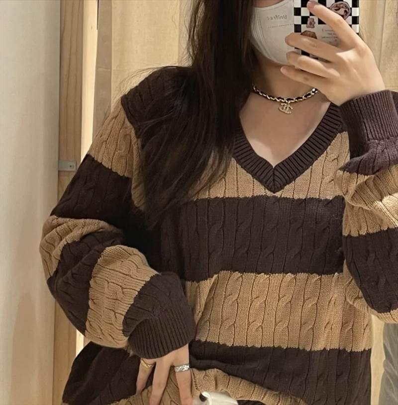 ボーダー柄 Vネック ケーブル編み ニットセーター レディース トップス ニット セーター プルオーバー 丈長 長袖 ドロップショルダー ケーブルニット バイカラー 配色 かわいい 大人可愛い シンプ