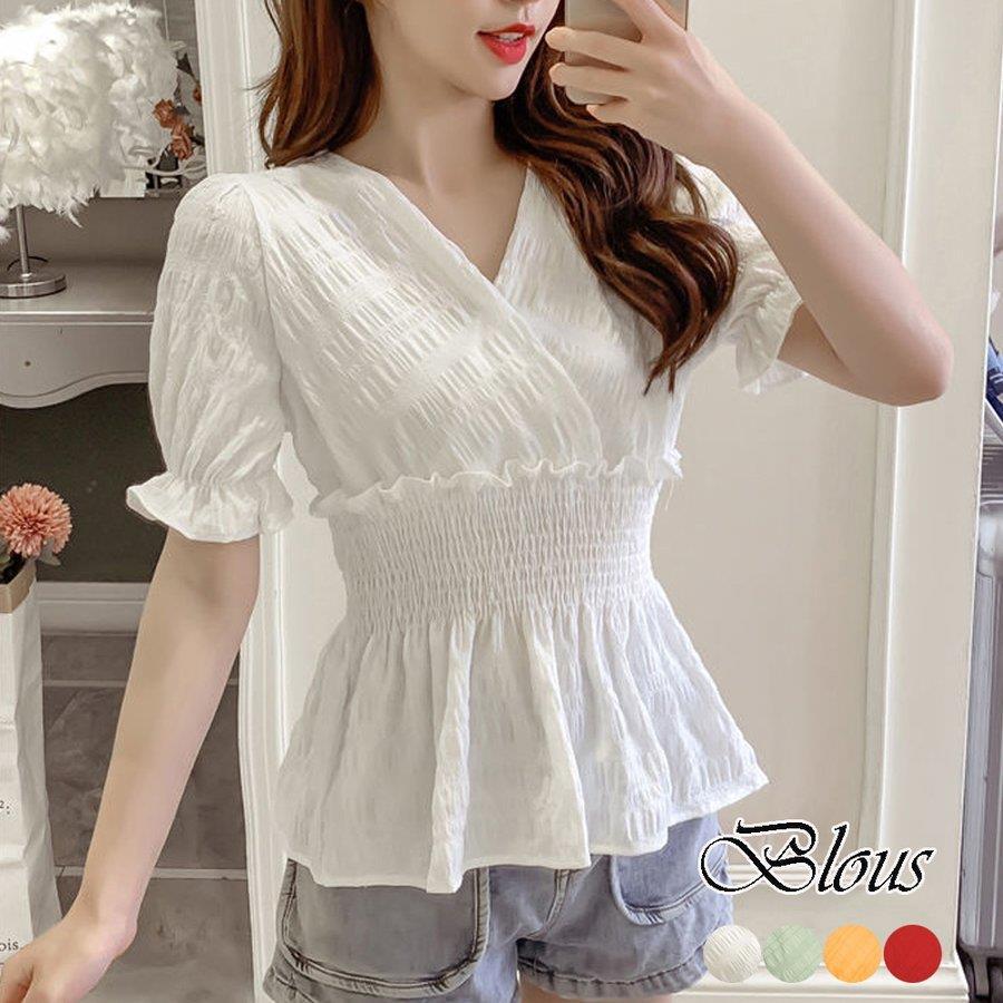 ペプラム ブラウス Vネック シャツ 半袖 バレンタイン 2023 プレゼント