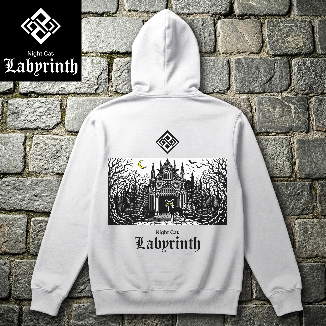 【Night Cat Labyrinth】ナイトキャットラビリンス 『迷宮の入り口』 フルジップパーカー 10oz 裏パイル (ホワイト)　黒猫 ゴシック ダークファンタジー ストリートファッショ