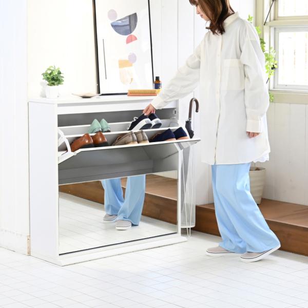 シューズラック 靴箱 玄関収納 下駄箱 ロッカー 薄型 大容量 スリム おしゃれ スタイリッシュ 北欧 鏡面 ミラー フラップ扉 省スペース 使いやすい ワイド 幅広