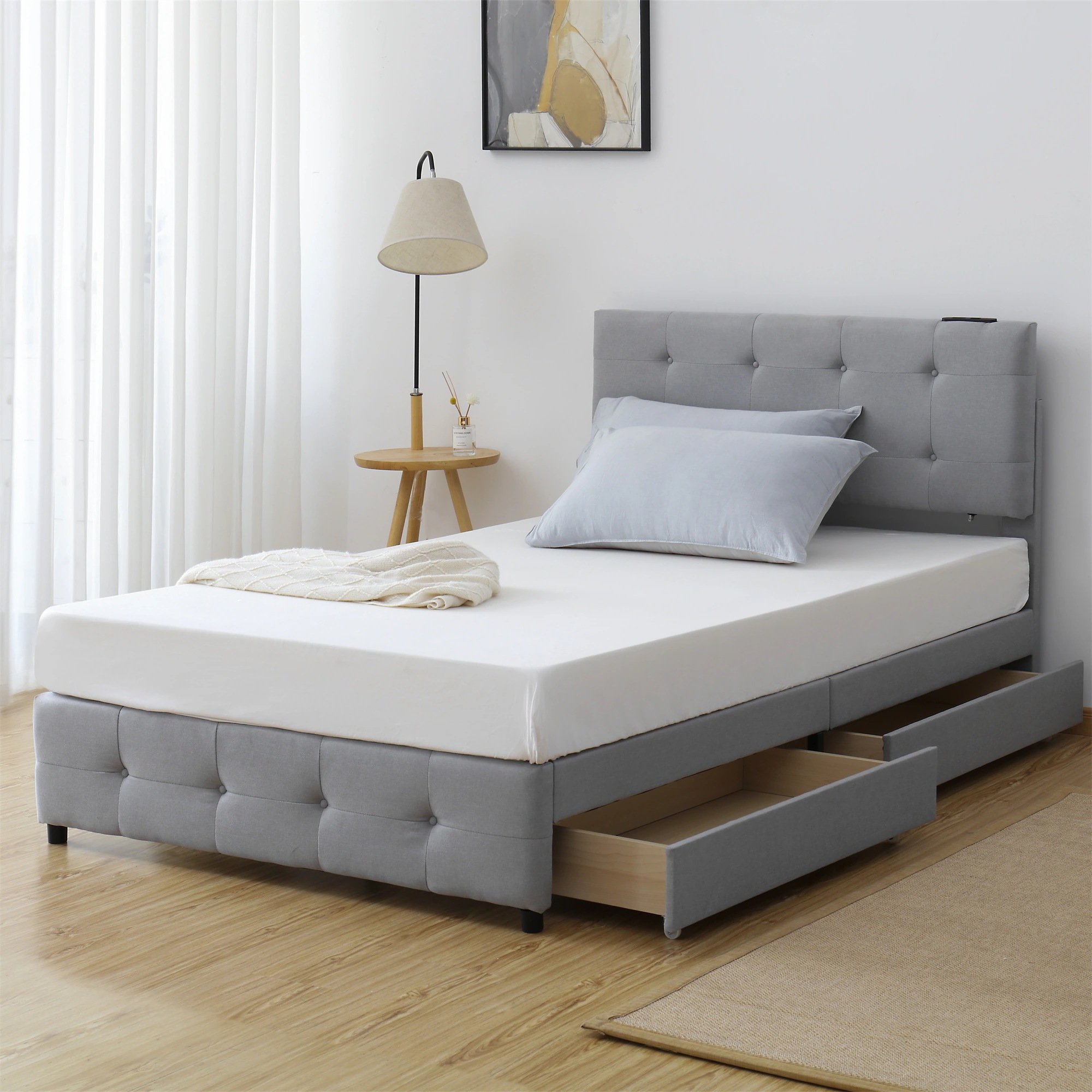 新生活応援【国内発送】送.料.無.料人気北欧風 大容量引き出し収納ベッド【組立簡単/耐震】ライトグレーのおしゃれ布貼りベッド マットレス別 SDセミダブル