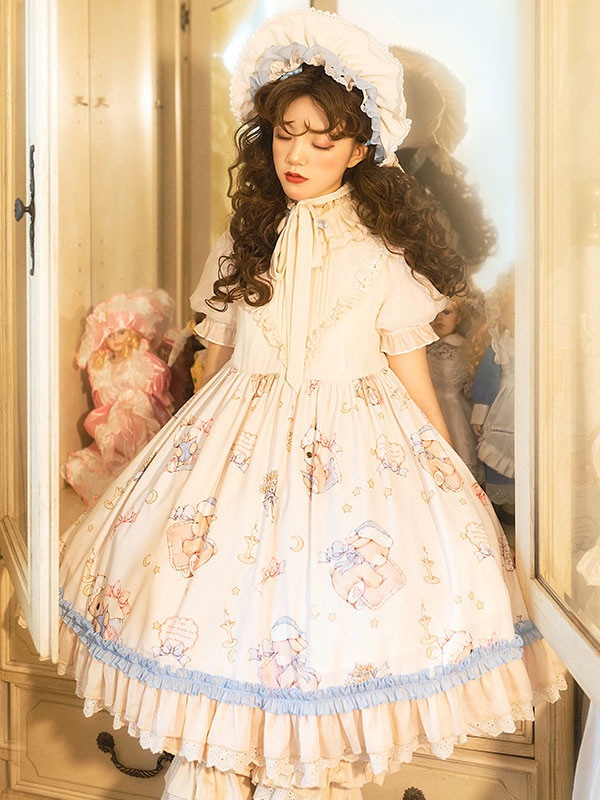 【全店任意2枚購入で100円OFF】スウィートロリータ OP ドレス 3 点セット ポリエステル 半袖 レースアップ リボン アプリコット ロリータ ワンピース ドレ