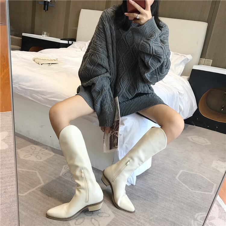 PU レザー ウエスタンブーツ l 靴 くつ クツ ブーツ ミドルブーツ 35cmヒール 太ヒール チャンキーヒール ポインテッドトゥ かわいい 大人可愛い シンプル カジュアル 大人 おしゃれ