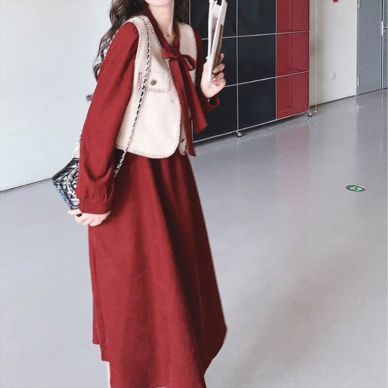 ベスト＋ワンピースセットアップ ステッチベスト＋ミモレワンピセットアップ レディース セットアップ 2点セット ワンピースセット リボン 前開きベスト 長袖ワンピース ミモレ丈ワンピース レトロ かわ