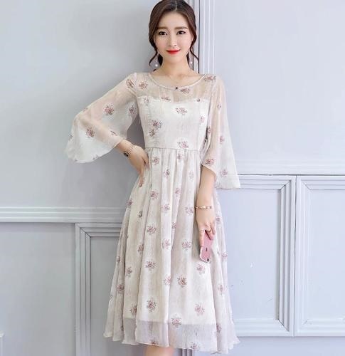 1297. 花柄シフォンドレス（ホワイト）2019 春夏 sale 新作 上品 大人 かわいい 長袖 花柄 お呼ばれ 女子会