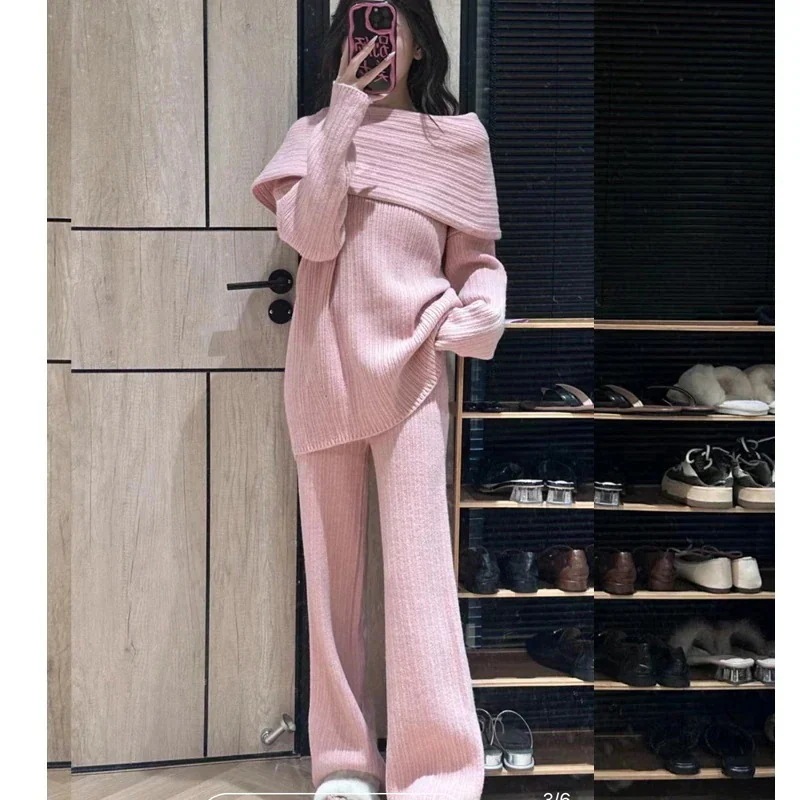 作シンプル通勤レディースセットアップニットセータートップスワイドパンツ二点セット気質セット大きめサイズ