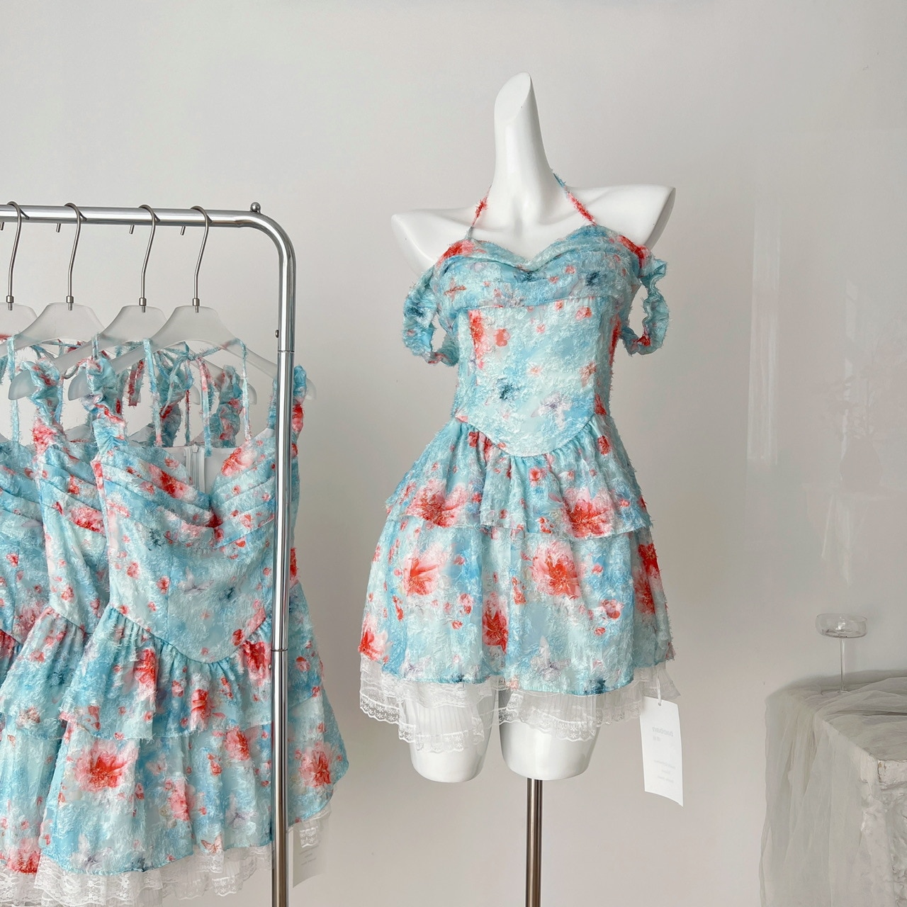 【急速出荷】睡蓮ガーデンの甘いフレンチ油絵ぼかし染め花柄レースデコルテポンポンスカート