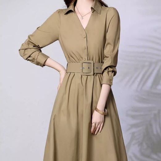 ワンピース プルオーバー フレアワンピース ミモレ丈 袖あり 長袖 Vネック 襟付き フレア Aライン ベルト ウエストマーク 綿 ポリアミド繊維 きれいめ 大人 上品 おしゃれ お洒落 レトロ