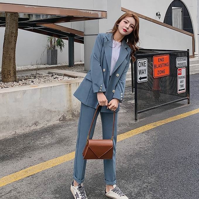 質感改良！セットアップ ジャケット ブルー パンツ スーツ フォーマル 上下セット 長袖 ダブルブレスト シンプル 青 無地 カッコイイ クール こなれ感 クロップドパンツ ロールアップ 春 秋