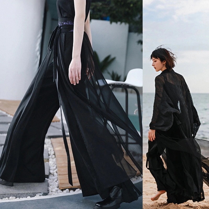 シフォンガウチョパンツ ワイドパンツ レディース キュロットパンツ 黒 涼しい 飄逸 暗黒風