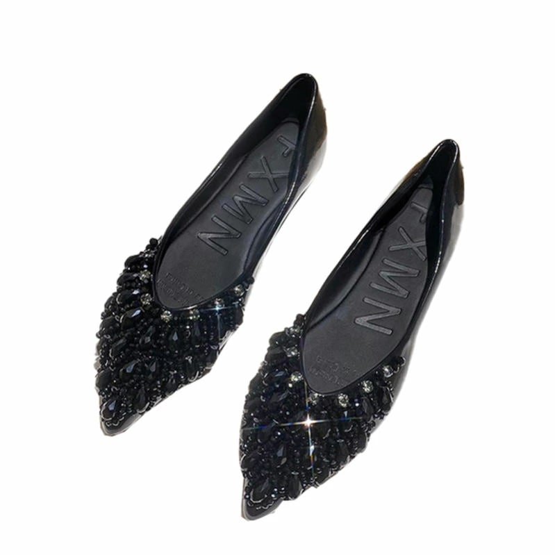 1000円OFFクーポン ビジュー付き パンプス ぺたんこ ローヒール 黒 レディース フラットパンプス 大きいサイズ ヒール 痛くない 金 銀 キラキラ おしゃれ フラットシューズ ママ 婦人靴 長