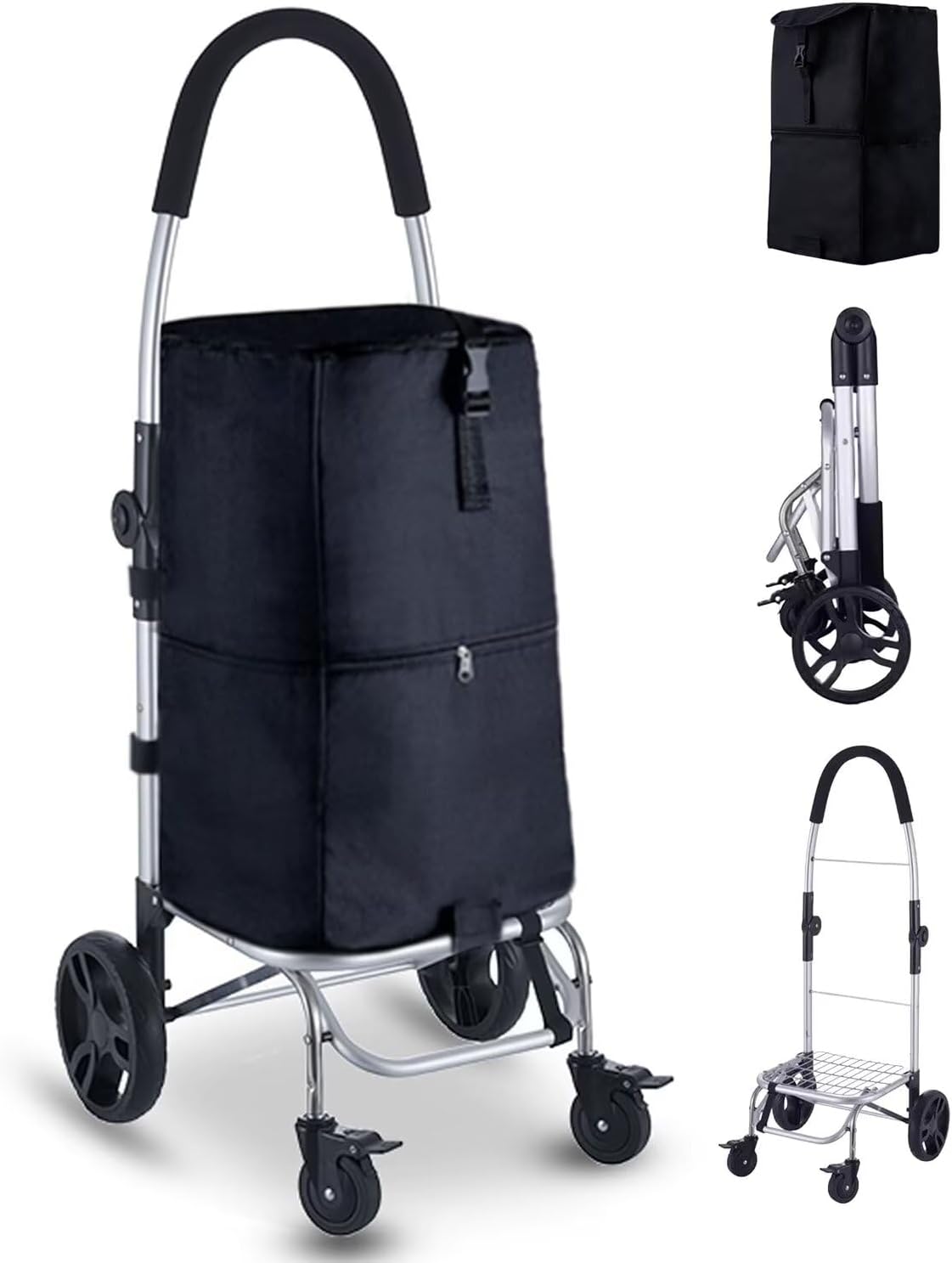 ショッピングカート キャリーカート 買い物カート 大容量 4輪 折り畳み式 45L バッグ付き アルミ製 軽量 階段昇降 高齢者・お買い物・レジャー ブラック
