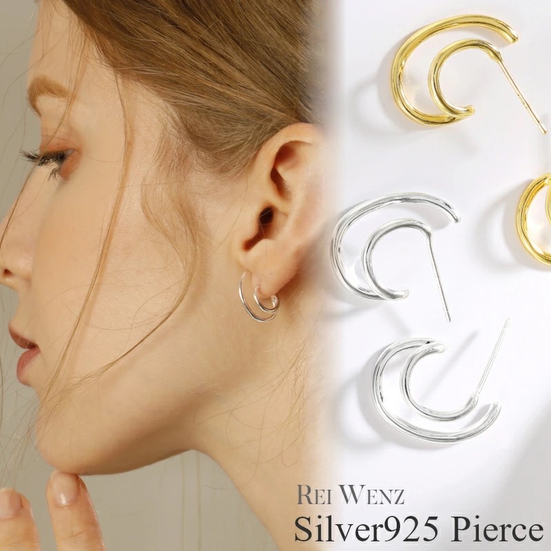 【高品質Silver925】ピアス 金属アレルギー シルバー S925 C型 2連 重ね K18 フープ シンプル おしゃれ レディース ブランド プレゼント 人気 韓国