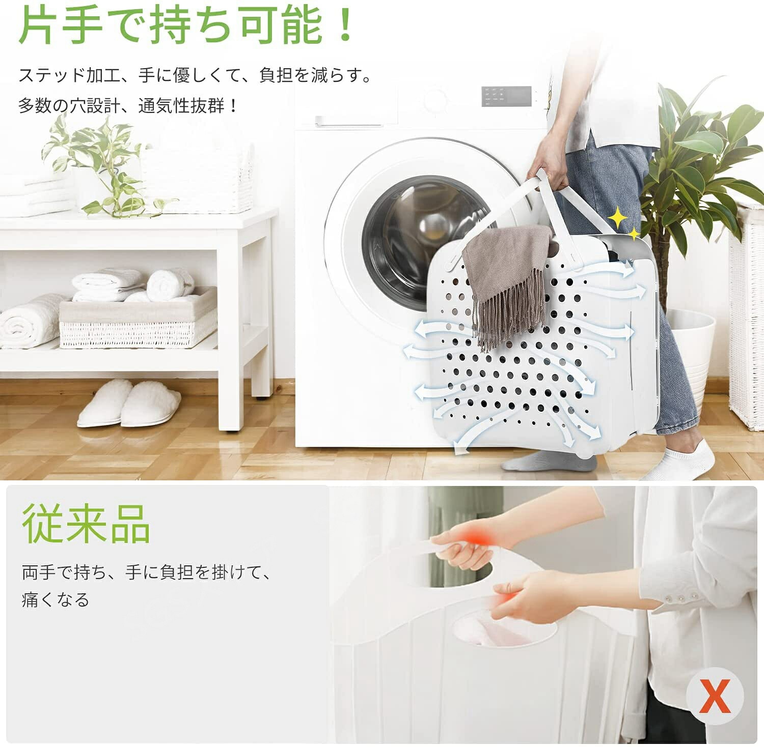 ランドリーバスケット ランドリーかご 40L 折りたたみ式 取っ手付き 片手持ち可能 フックに掛けられる 洗濯ボックス 収納バスケット ストレージバスケット 衣類収納かご おもちゃ収納 買い物かご