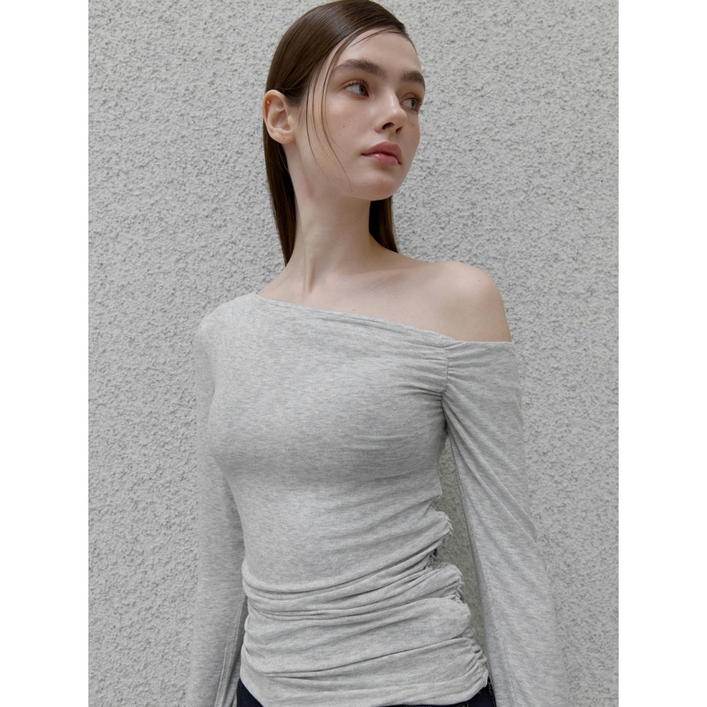 ouie シャーリングウールハーフオフショルダートップメランジュグレー OU1325
