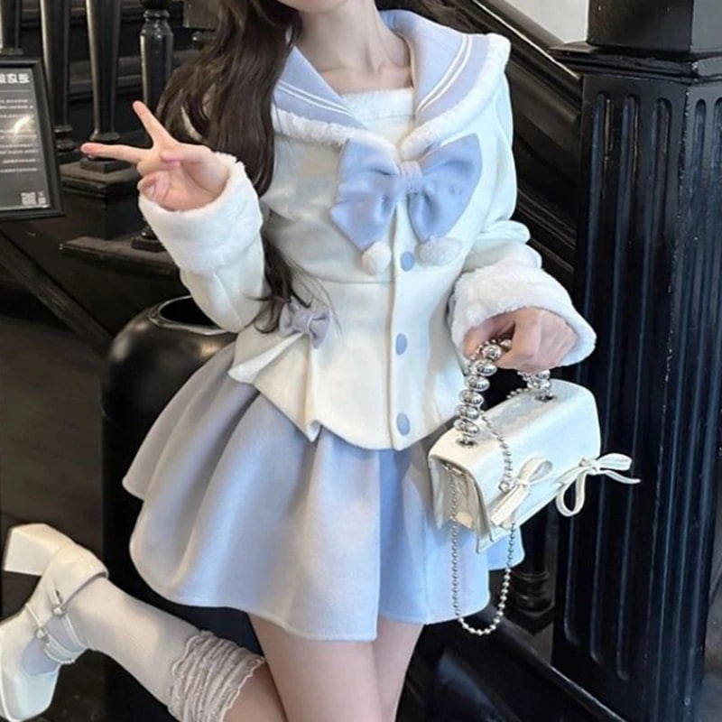 秋冬にぴったりの純粋で魅惑的な若々しい蝶ネクタイ ツーピース セットカラーブロックのウエストを絞ったジャケットとスリミングスカート