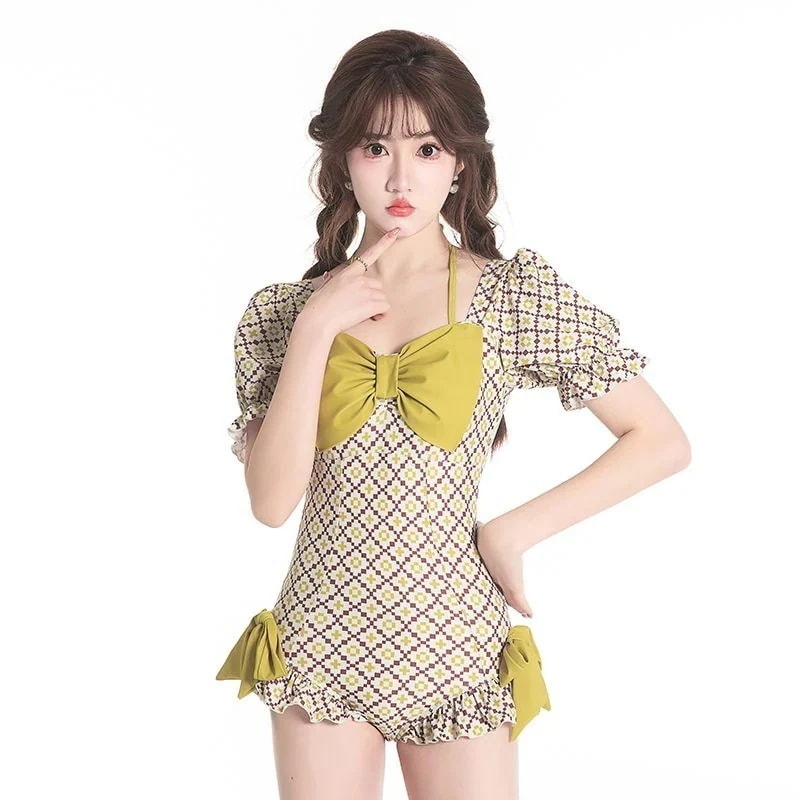 水着 新作 キュートな甘系リボン半袖小柄フレッシュな新作背中見せ水着 韓国ファッション