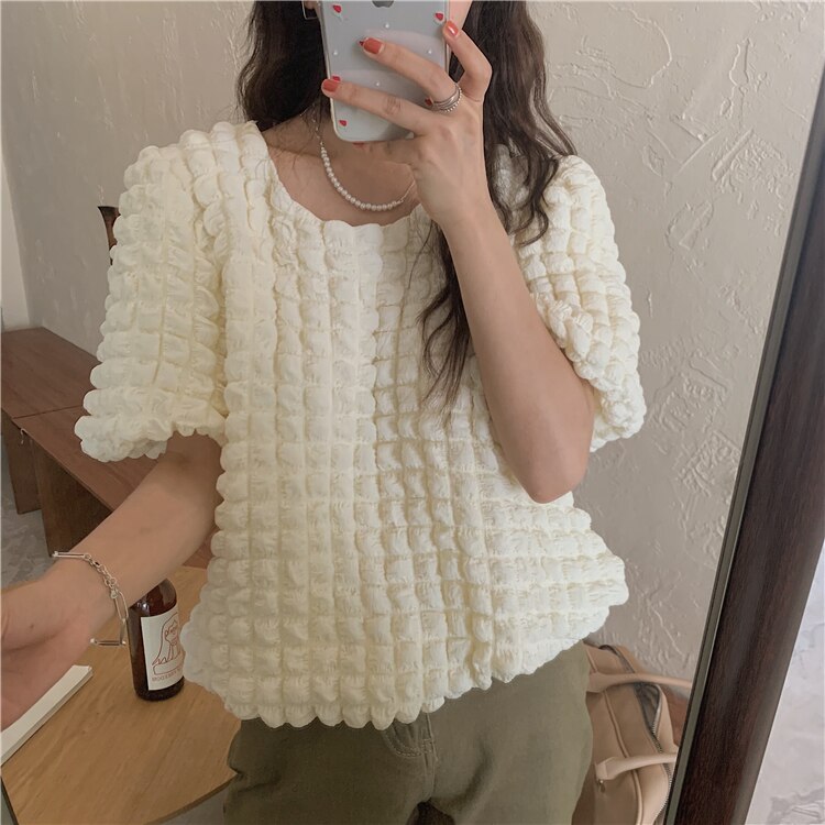レディース ブラウス バブルスリーブ トップス 白Tシャツ 半袖 丸襟 フォーマル 女子力