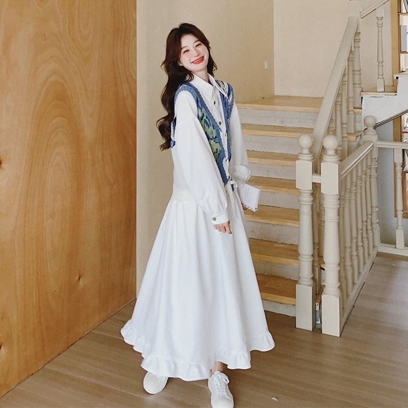 実際のニットウエストコート白シャツワンピースツーピース女性2024春と秋の新しい優しい部揚げストリートスーツ