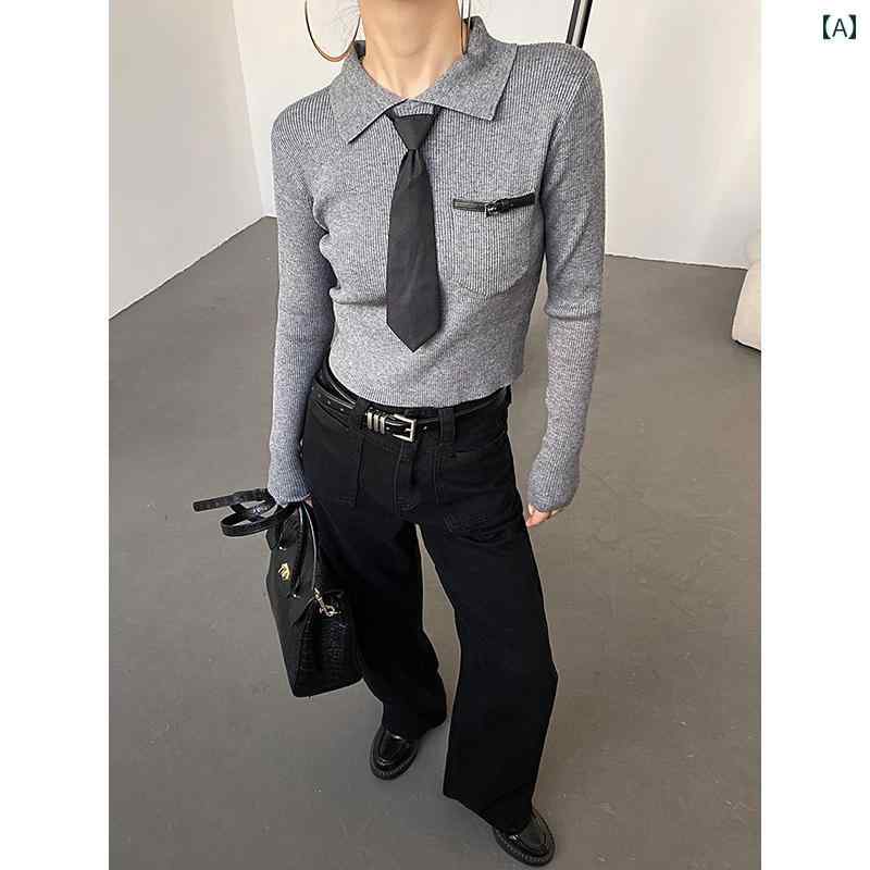 襟付き ニット 長袖 レディース 冬 トップス カジュアル おしゃれ ポロ襟 セーター 女性 スリム ショート グレー