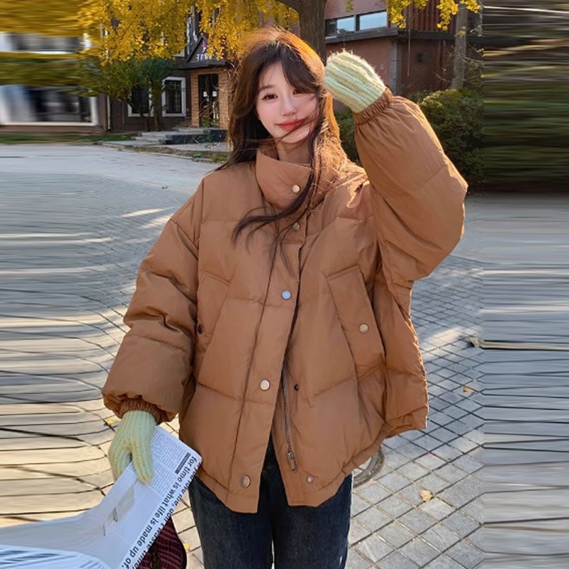 美ラードカレー色ダウン綿服女性2024冬新立襟韓国版ゆるいカジュアル厚手ショートコート
