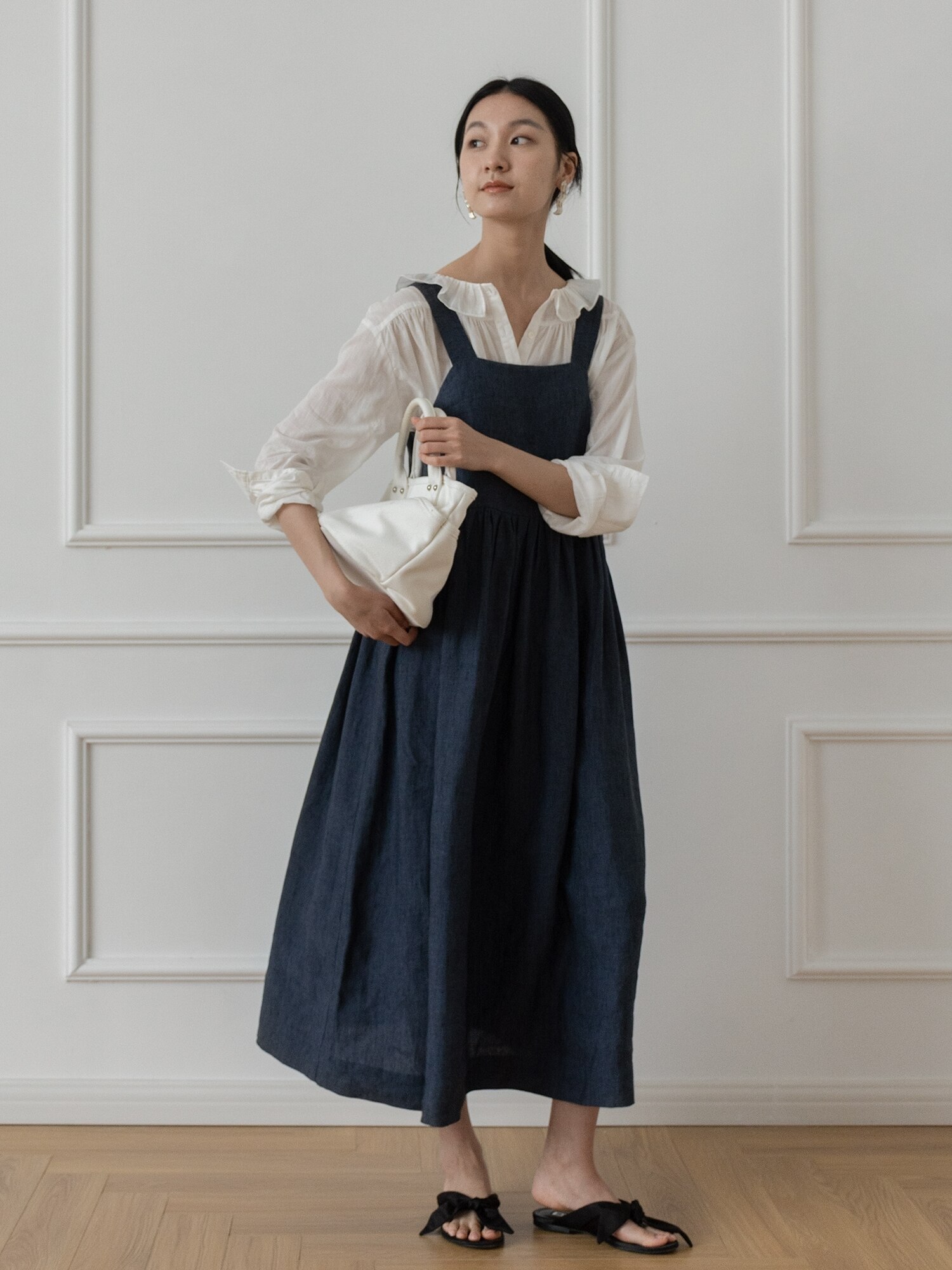 ワンピース ミモレ ロング スクエアネック Iライン ストレート デニムかわいい 大人可愛い きれいめ シンプル カジュアル おしゃれ 春 夏 秋 冬 デート お出かけ 学生 重ね着 モテ ブルー