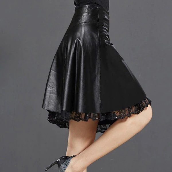 シープスキン ハイウエスト ショートスカート ステッチレース プリーツスカート 2023年 傘スカート 本革スカート スカート レディース 母の日