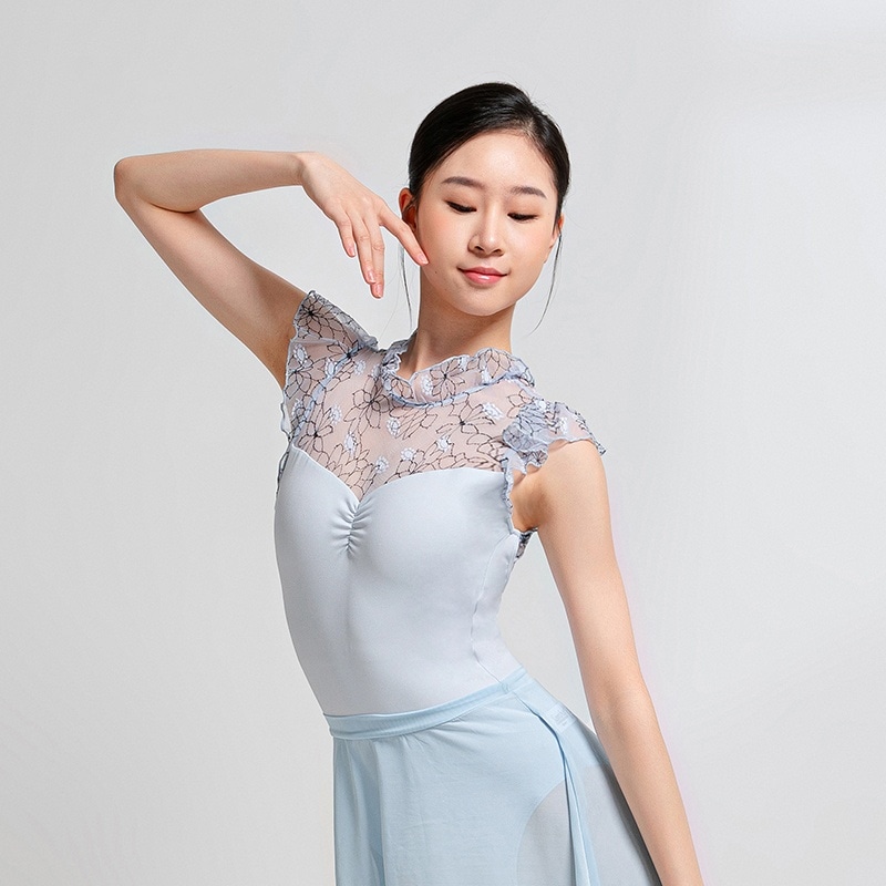 レオタード フレアスリーブ 花 フラワー ハイネック バストギャザー付き レディース ガールズ 透け感 ダンスウェア バレエ服 レッスン 体操 清楚 50BC2106