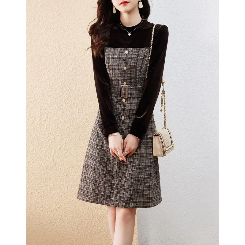 （新年は通常通り）ニットワンピース レディース 40代 きれいめ 膝丈ワンピース 秋冬 長袖ワンピース チェック柄切り替え ニットスカート オシャレ大人 着痩せドレス ゆったり 30代