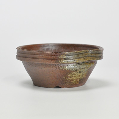 盆栽鉢 作家鉢　4号　フチすじ入り変形丸鉢　伊藤光伸作　幅13.5cm高さ6cm　 陶器