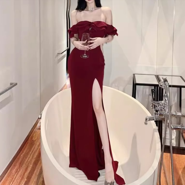 ドレス ワンピース パーティー 披露宴 演奏会 発表会 ステージ 舞台 キャバ ダンス 衣装 コスチューム ラウンジ クラブ ロング オフショル プリンセスライン マーメイド スレンダー スリム 細身