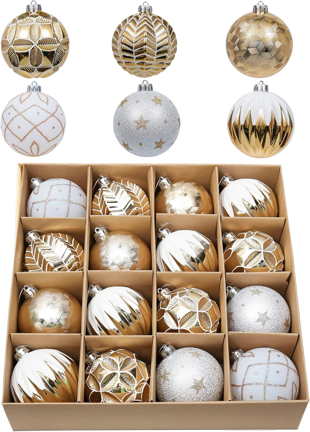 Valery Madelyn クリスマス オーナメント クリスマス ボール 飾り 北欧風 大きめ 8cm 16個入り 白 白金 ホワイト ゴールド 華麗 おしゃれ ゴージャス クリスマス ボールオーナ