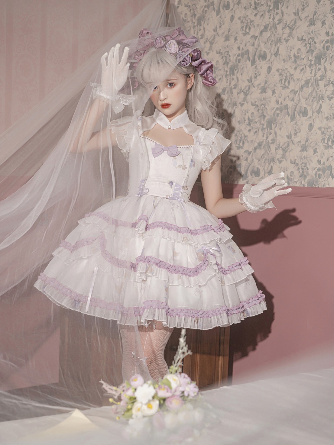 lolita地雷パーカーロリータ ワンピース ゴスロリドレスグラスハートガール半袖ウエストドレスホワイトエレガントスイートポジティブウエストバックレス夏