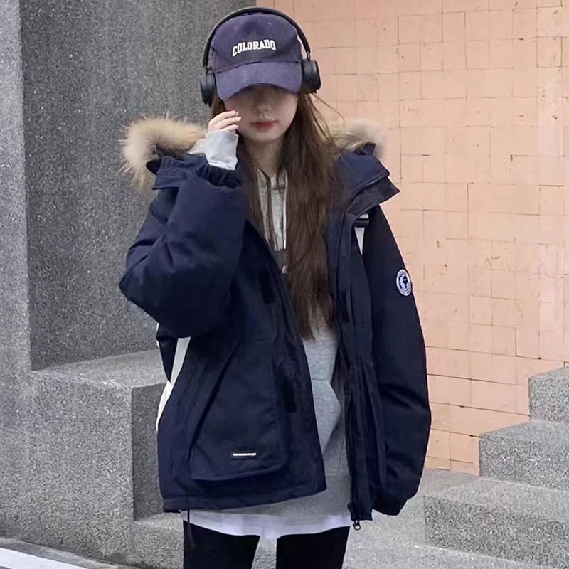 羽蔵の青い工装ダウンジャケットのパーカー服の女性の短い冬の毛襟の厚いコートの韓国系