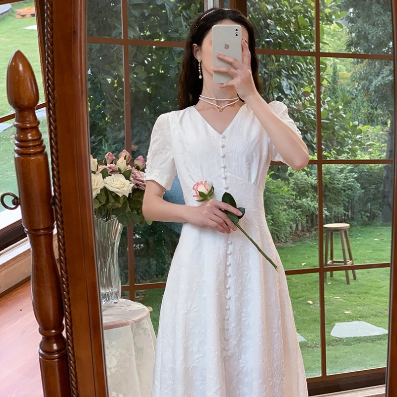 Vネックレースワンピース ワンピース フレアワンピース ロング ロング丈 袖あり 半袖 パフスリーブ Vネック フレア Aライン レース ハイウエスト かわいい 大人可愛い きれいめ シンプル