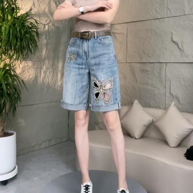 レディース ファッション カジュアル おしゃれ 夏 ハイウエスト デニムショートパンツ スリム ストレート レッグ 刺繍 ワイドレッグ 五分丈 ハーフ ハーフ ハーフ パンツ トレンディ