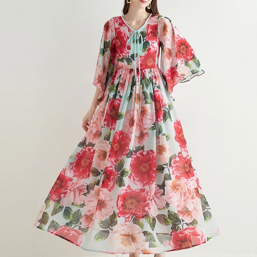 ワンピース 上着 人気 おすすめ おしゃれ お洒落 激安 安い プチプラ 長袖 ロング シースルー Vネック ふわふわ ふんわり オーバーサイズ Aライン 柄 プリント 花柄 リボン lon