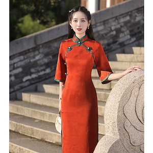 オレンジチャイナドレス2024若々しい気質を改善レトロ漢服反転大きな袖の女性の秋冬ドレス