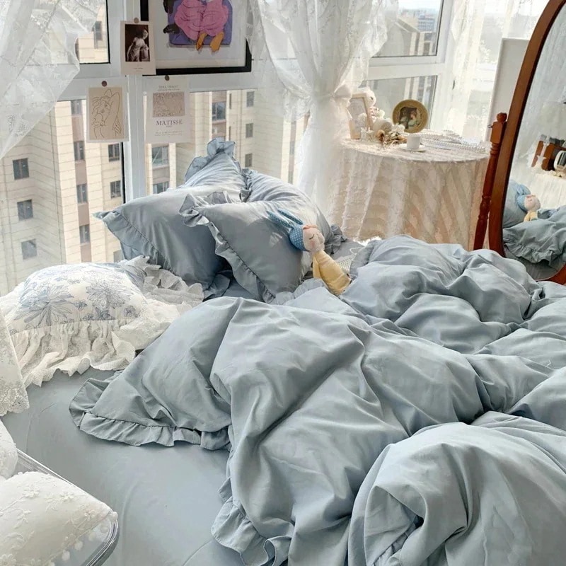 韓国ファッション 4点セット 布団カバー 乙女心 無地 レース本 ソフト 通気性良 い 抗菌 15m m 寝具 シーツ 枕カバー 3点セット 5,050円